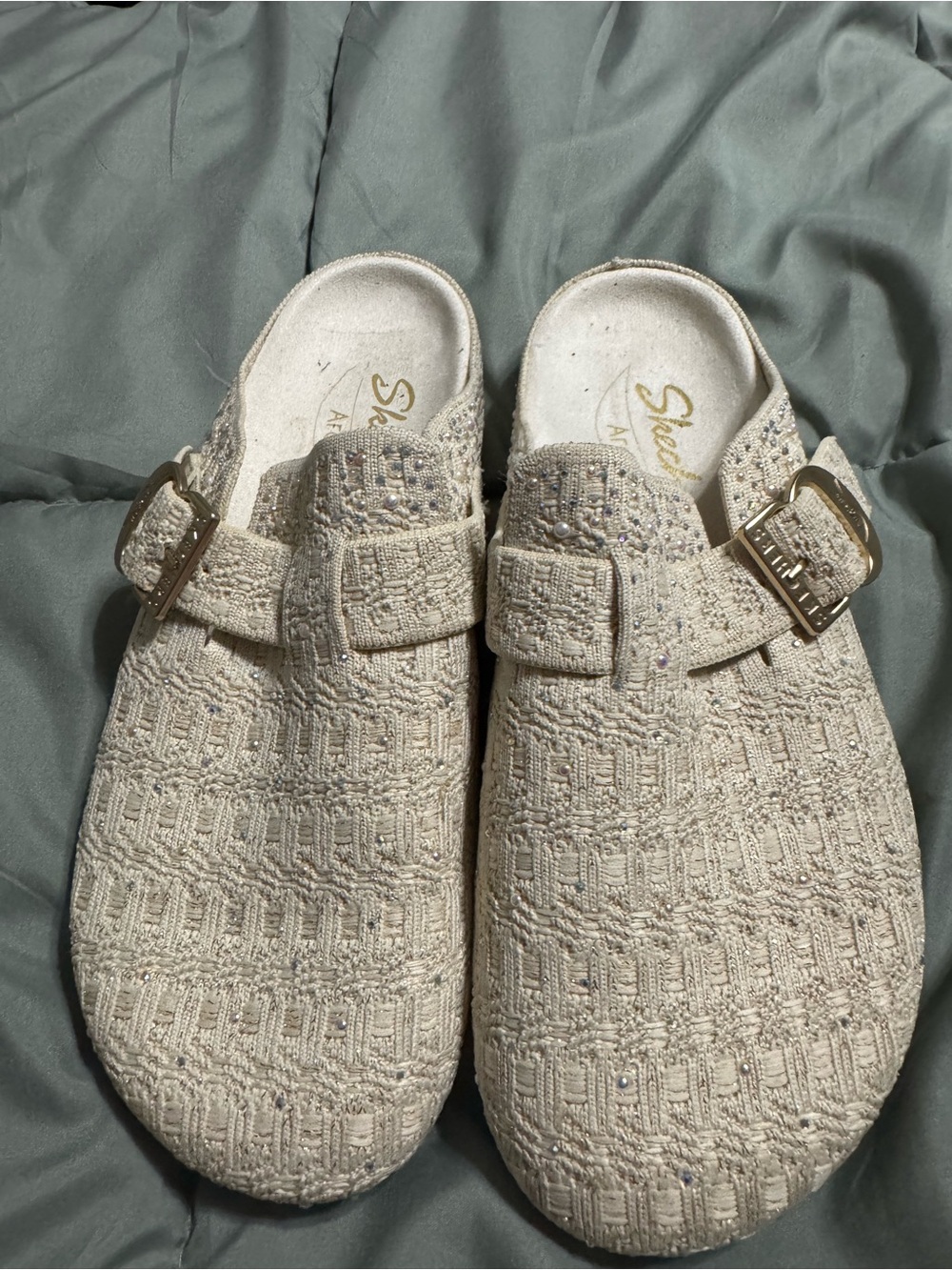 Skechers Women's Cream Textured Slip-On Clogs with Gold Buckle Accent